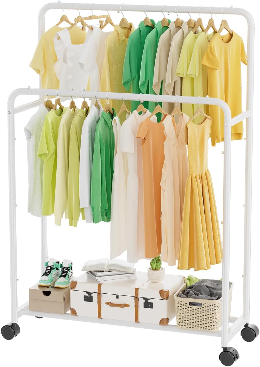 Double Rod Rolling Metal Garment Rack with Wheels for Clothes
