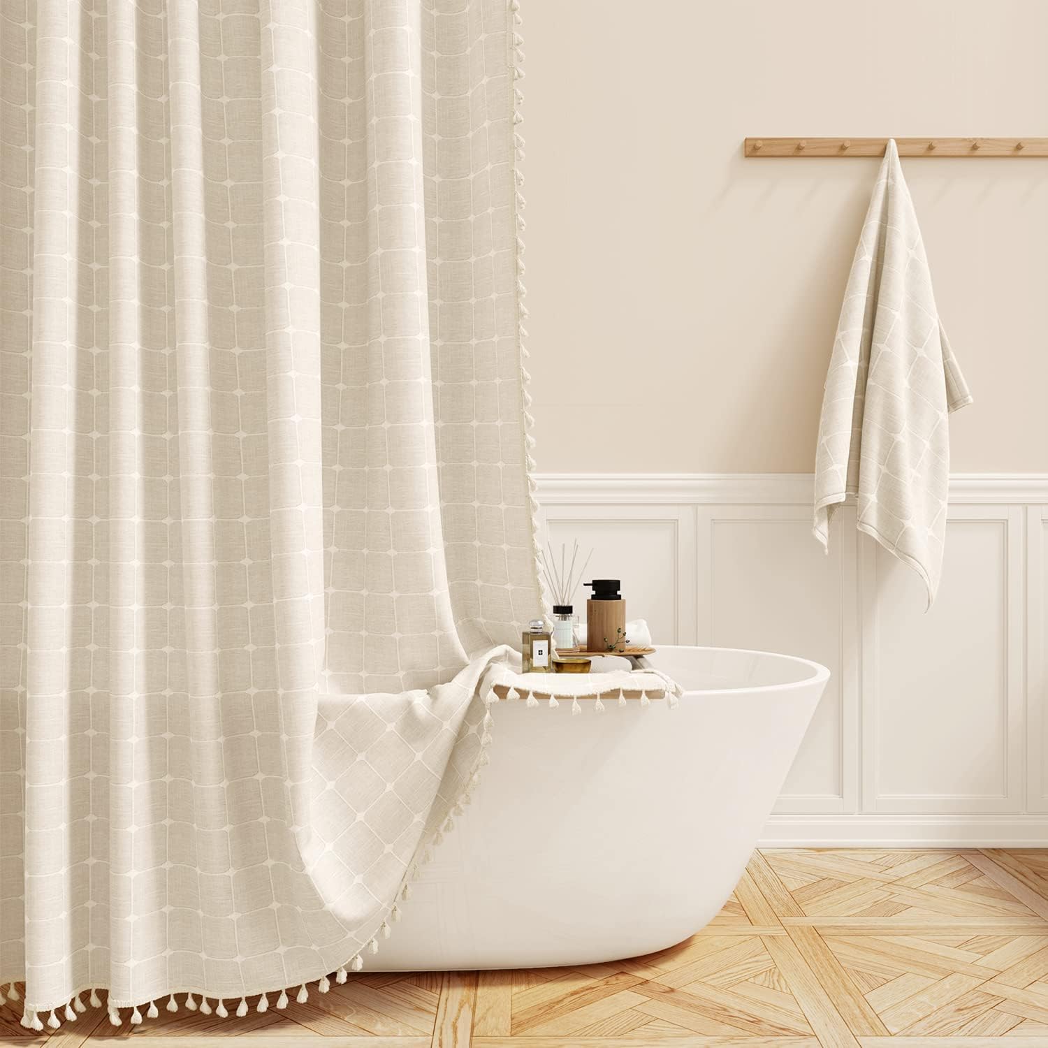 Boho Farmhouse Shower Curtain Set - 80 Inch Cream/Beige