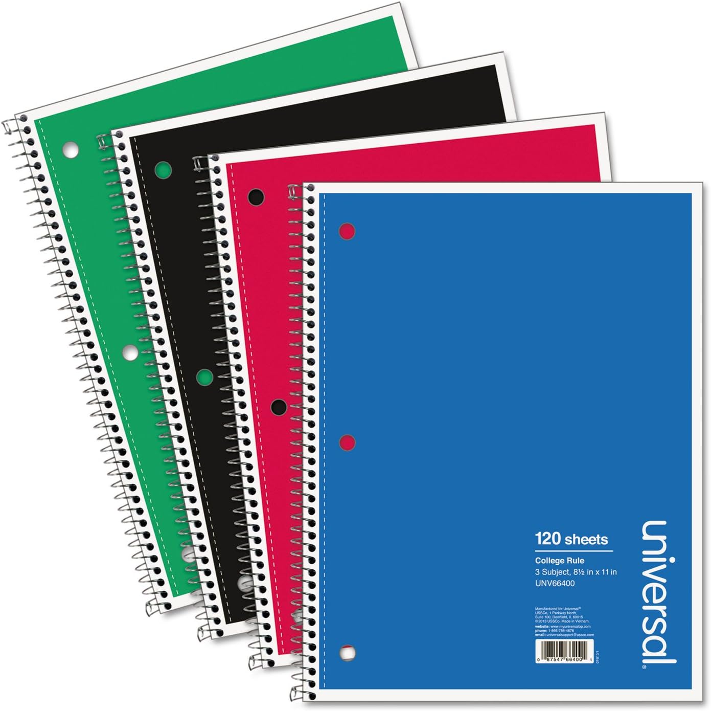 Universal 3-Subject Wirebound Notebook - Medium/College Rule - Black Cover