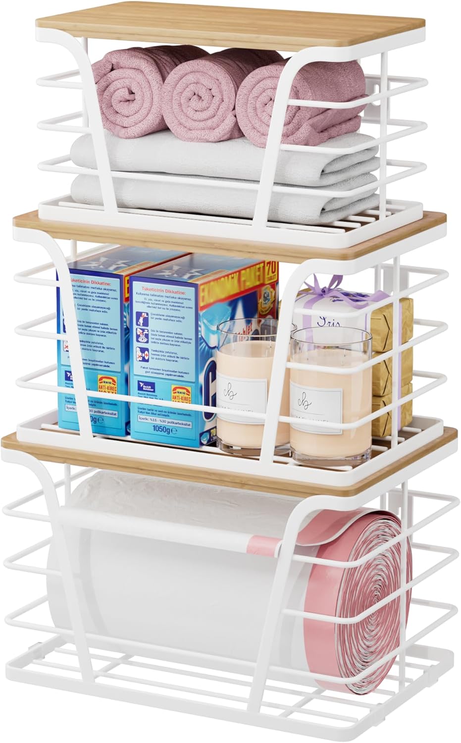 Stackable Laundry Room Organization with Trash Bag Dispenser