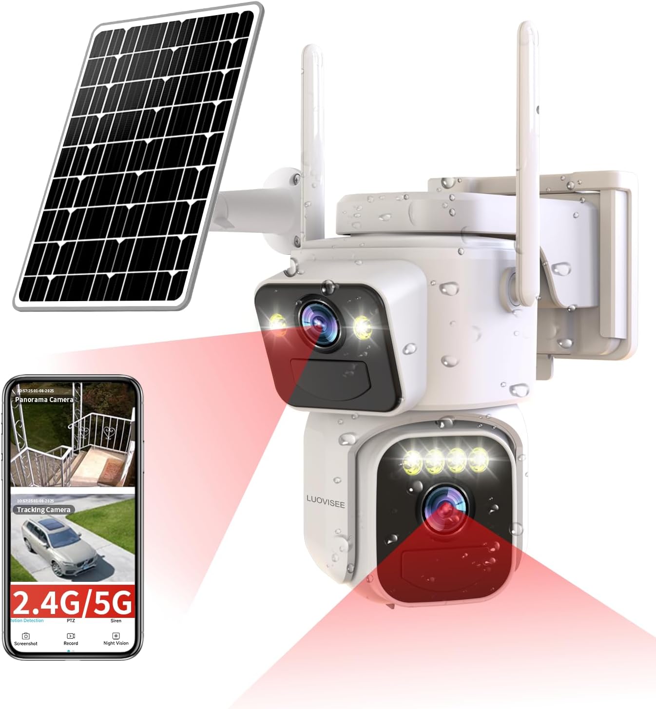 Luovisee Dual Lens Solar Security Cam: 2-Way Audio, Night Vision