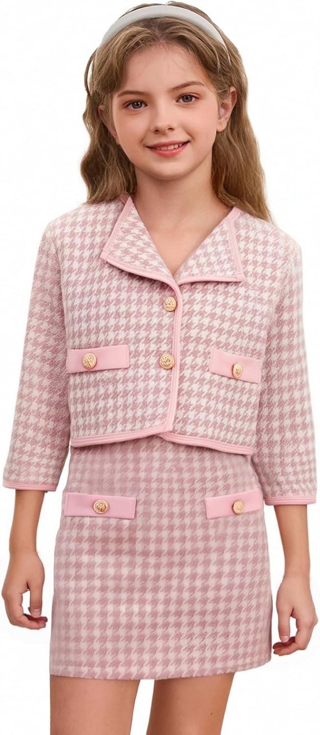 WDIRARA Girl's 2 Piece Houndstooth Outfits for Tea Parties