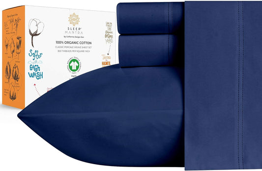 Organic Cotton Full Bed Sheet Set - Soft Percale Weave - Navy Blue