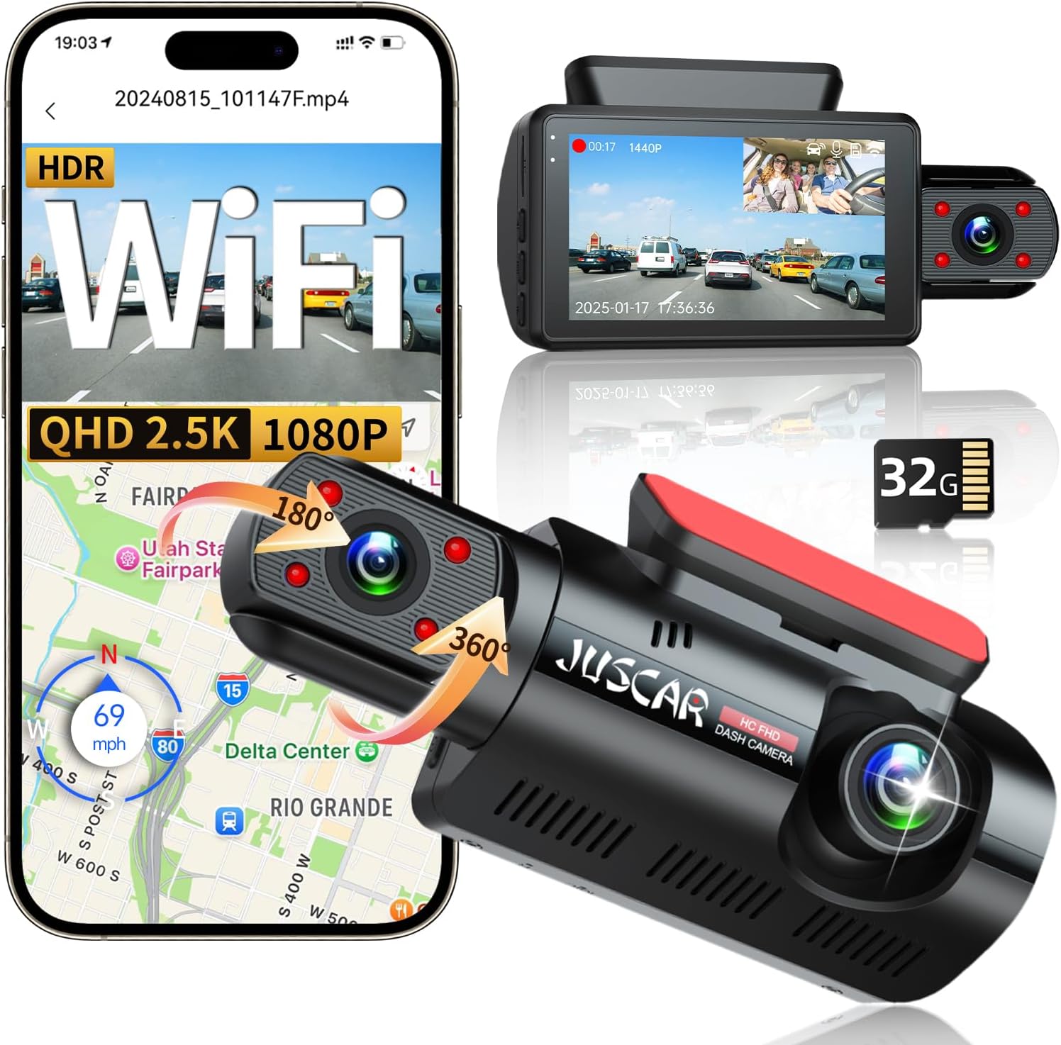 Juscar Dual Dash Cam: WiFi, GPS, Night Vision