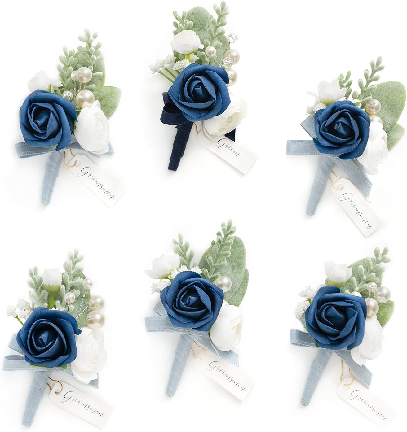 Ling's Moment Boutonniere Set for Men, 6pcs Navy Blue Flowers