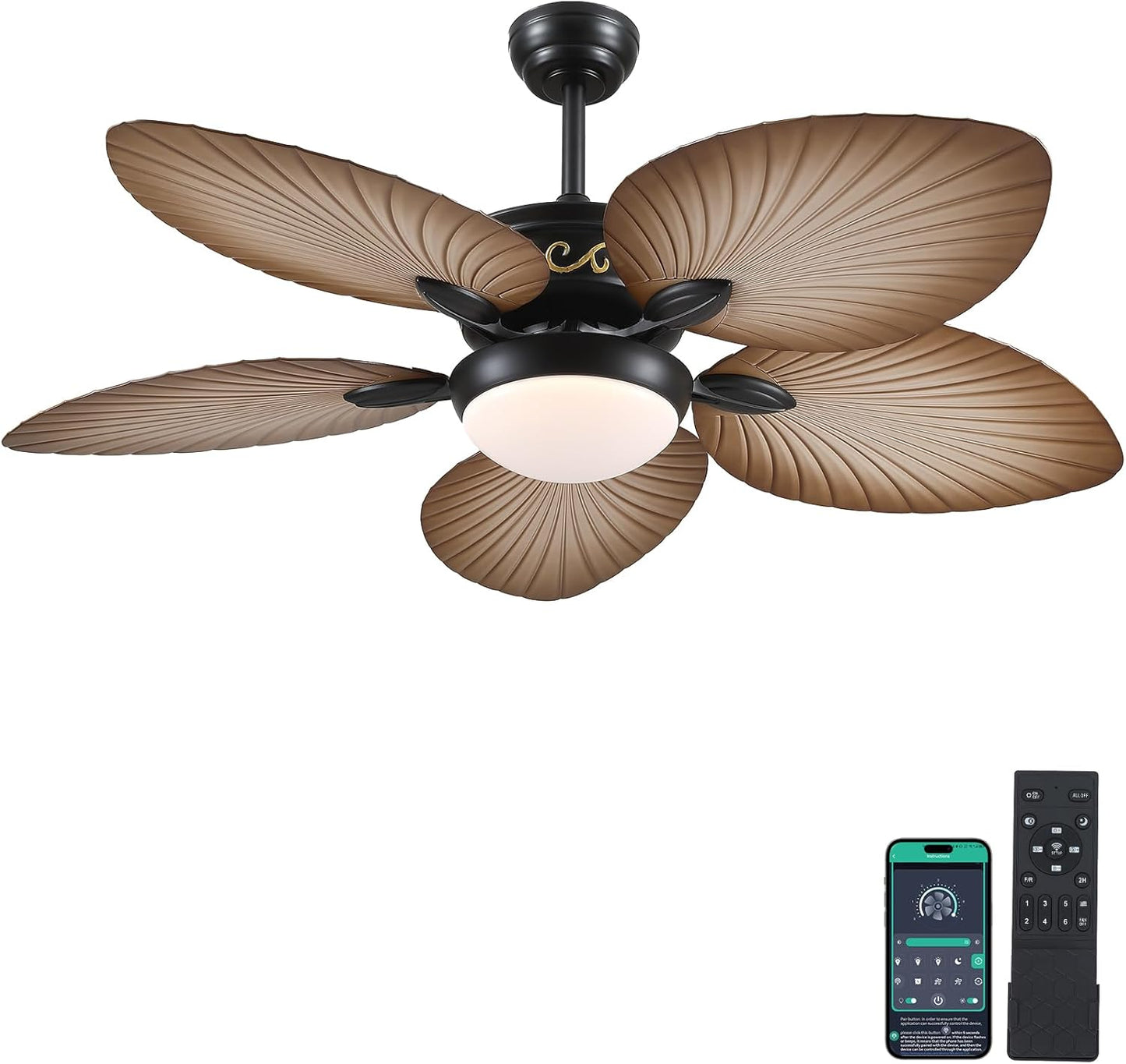 Tropical Palm Leaf Ceiling Fan with LED Lights and Remote Control