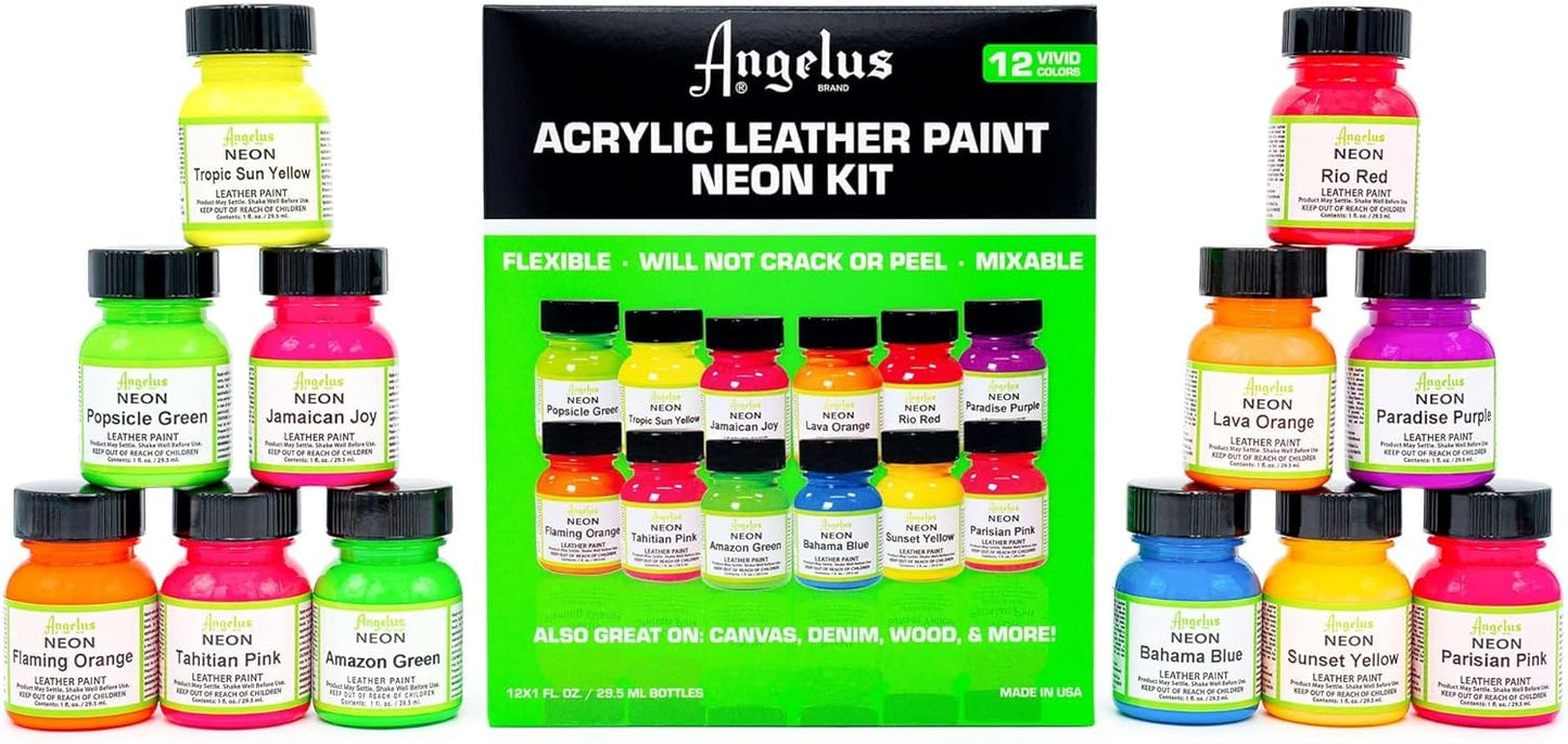 Angelus Leather Paint Set of 12 Neon Colors for Creative Projects