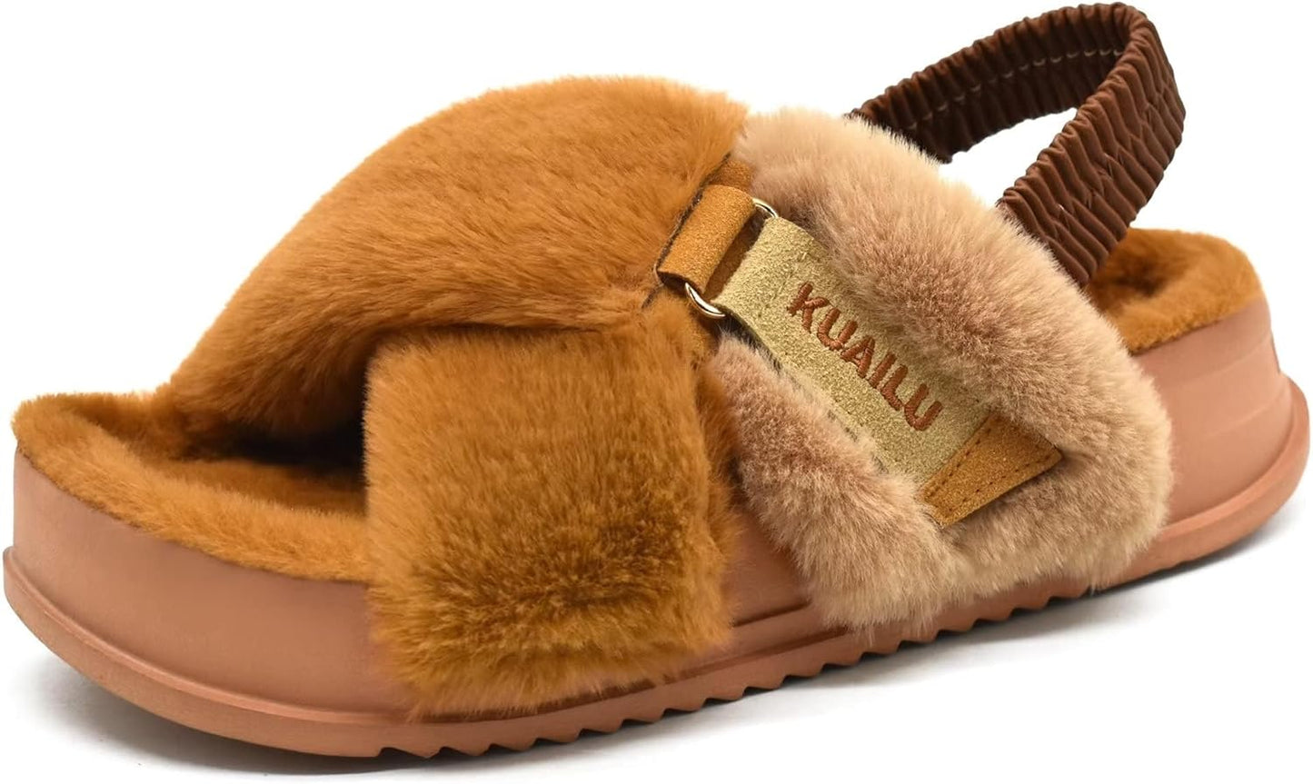 KuaiLu Womens Fuzzy Criss Cross Band Platform Slippers Review