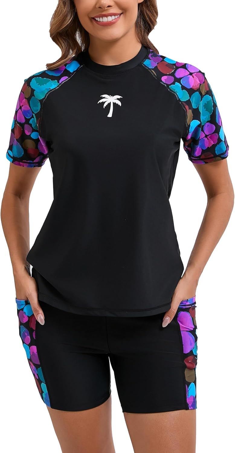 Halcurt Women's Two Piece Rash Guard Swim Set with Boyshorts