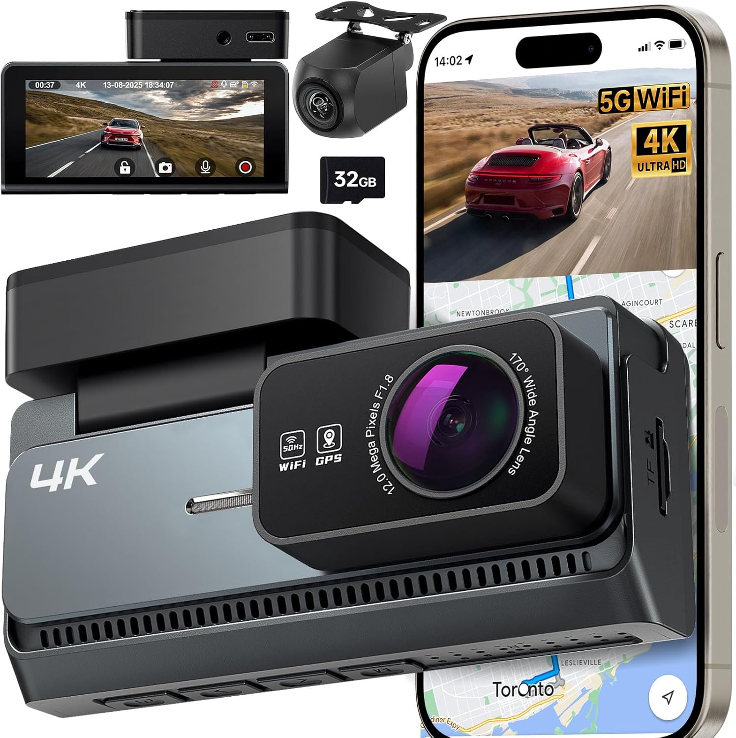 4K Dual Channel Dash Camera for Cars with Night Vision and GPS