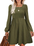 Womens Babydoll Dress Square Neck Long Sleeve Knee Length - Flowy Fall