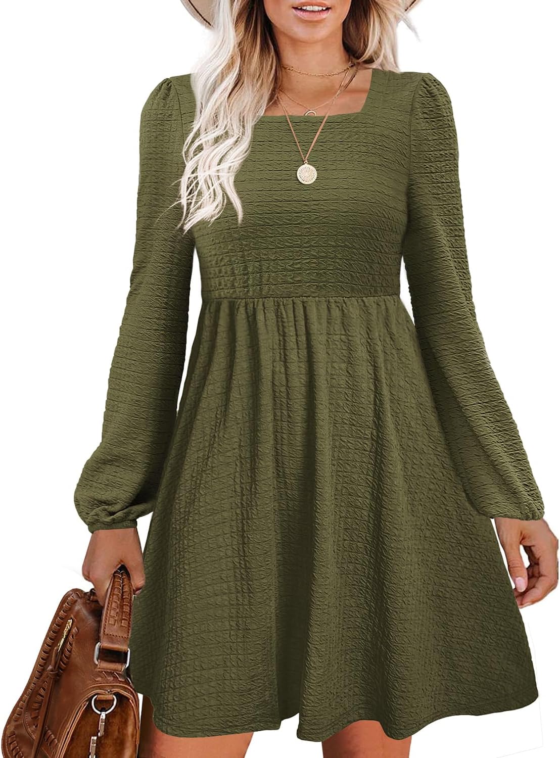 Womens Babydoll Dresses Square Neck Long Sleeve Flowy Style