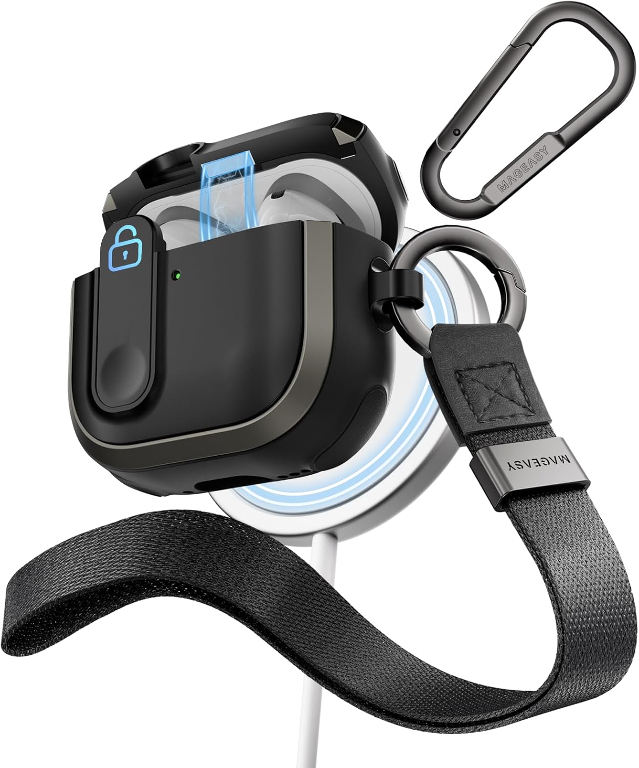 MAGEASY Rugged AirPods 4 Case Cover with Lock and Carabiner
