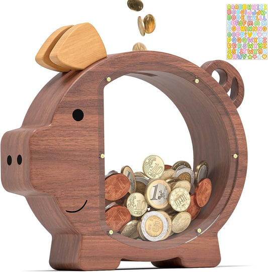 Summidate Wooden Piggy Bank for Boys - Unbreakable Money Jar