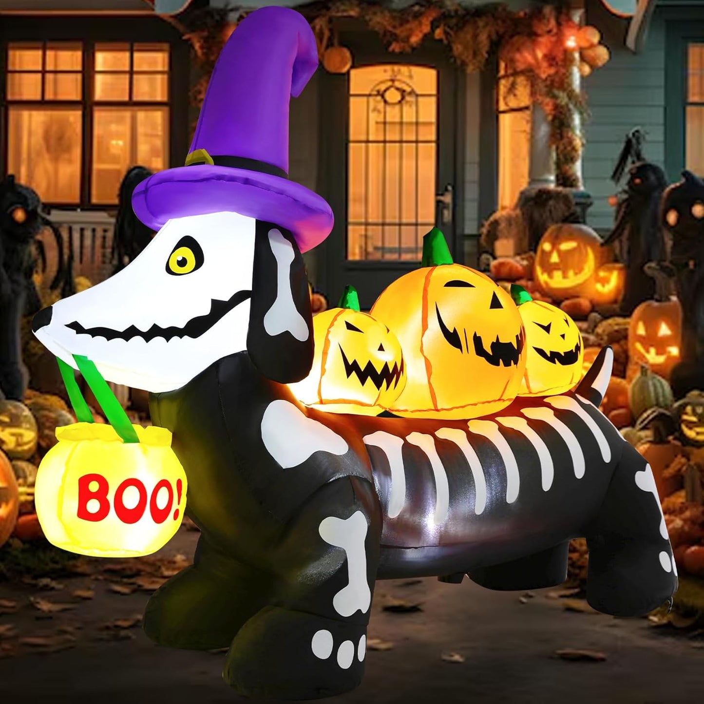5FT Halloween Inflatables Skeleton Dog with Pumpkin Decor
