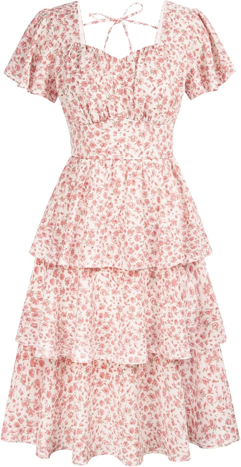 Belle Poque Women's Square Neck Tiered Ruffle Dress for Summer