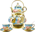 Porcelain 20-Piece Flower Tea Set with Metal Holder - Elegant Large