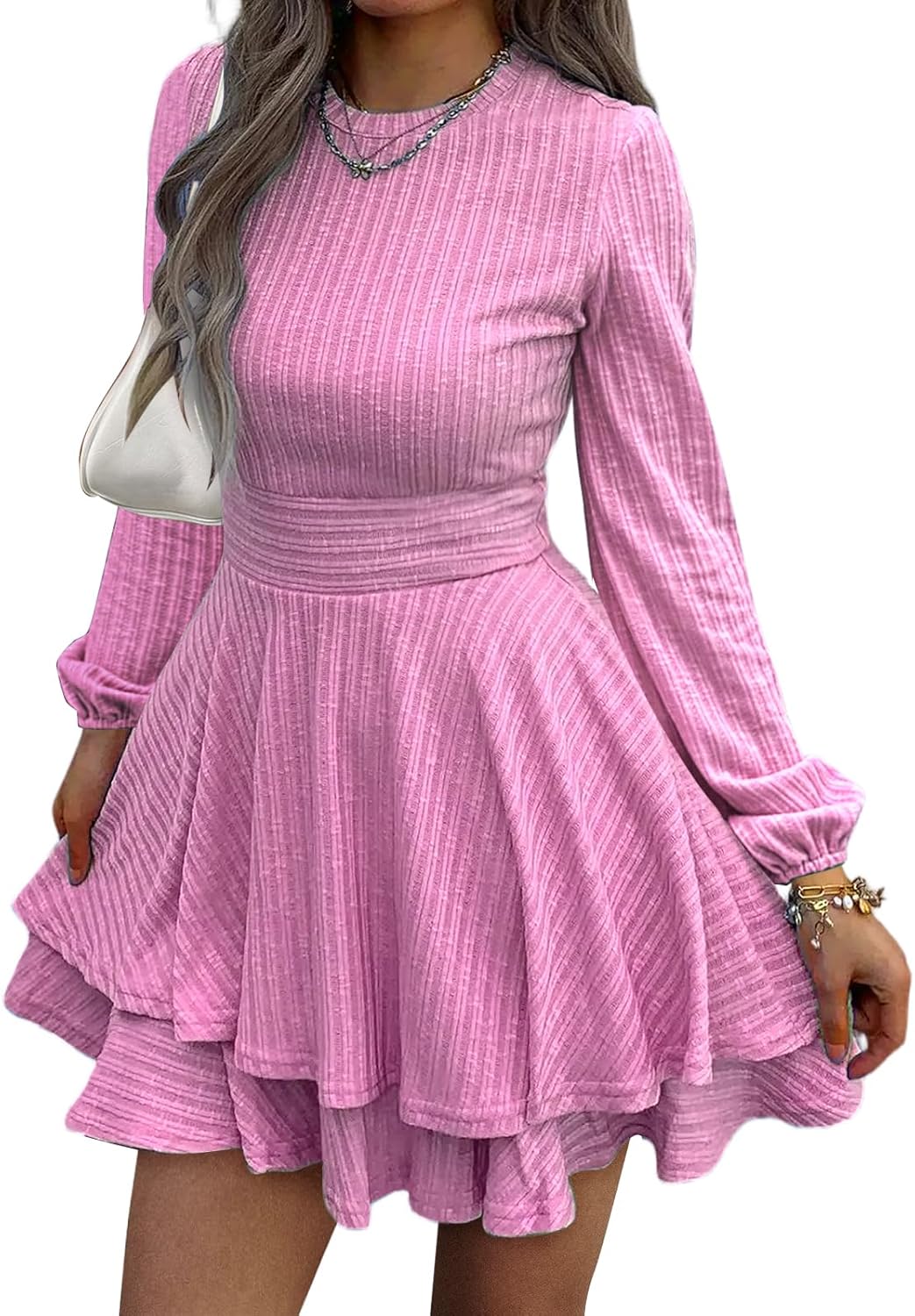 Womens Long Sleeve Knit Dress with Ruffle Hem for Fall Style
