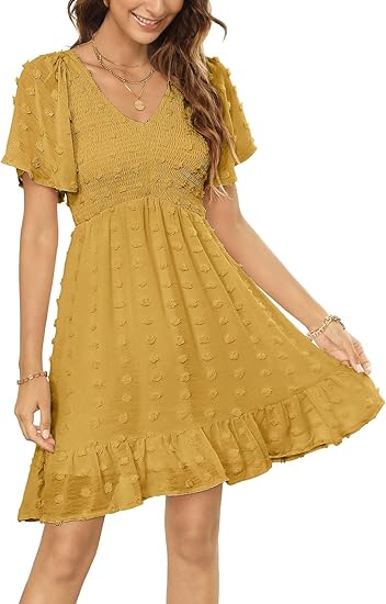 Zattcas Womens Summer Smocked Dress with Flutter Sleeves