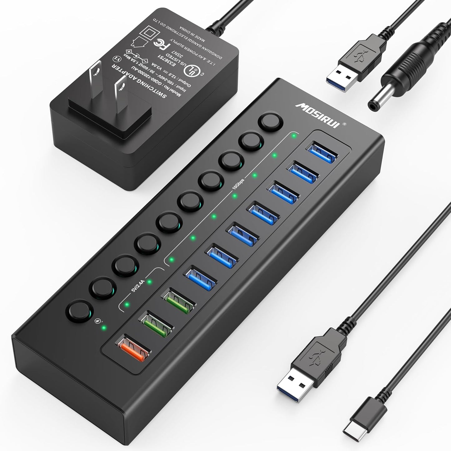 Powered USB 3.2 Hub with 10 Ports for Fast Data Transfer