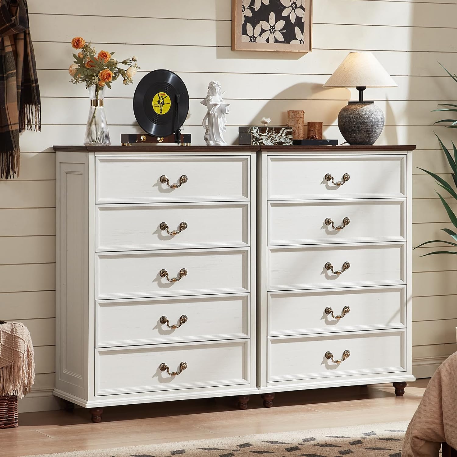 Farmhouse 5 Drawer Dresser Set of 2 for Rustic Bedroom Storage