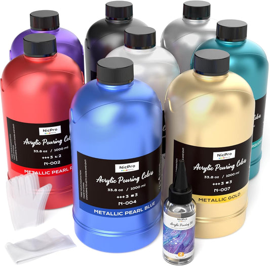 Nicpro 8 Colors Large Bulk Metallic Acrylic Pouring Paint Kit