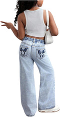 WDIRARA Girl's Bow Print Back Zipper Fly Denim Pants