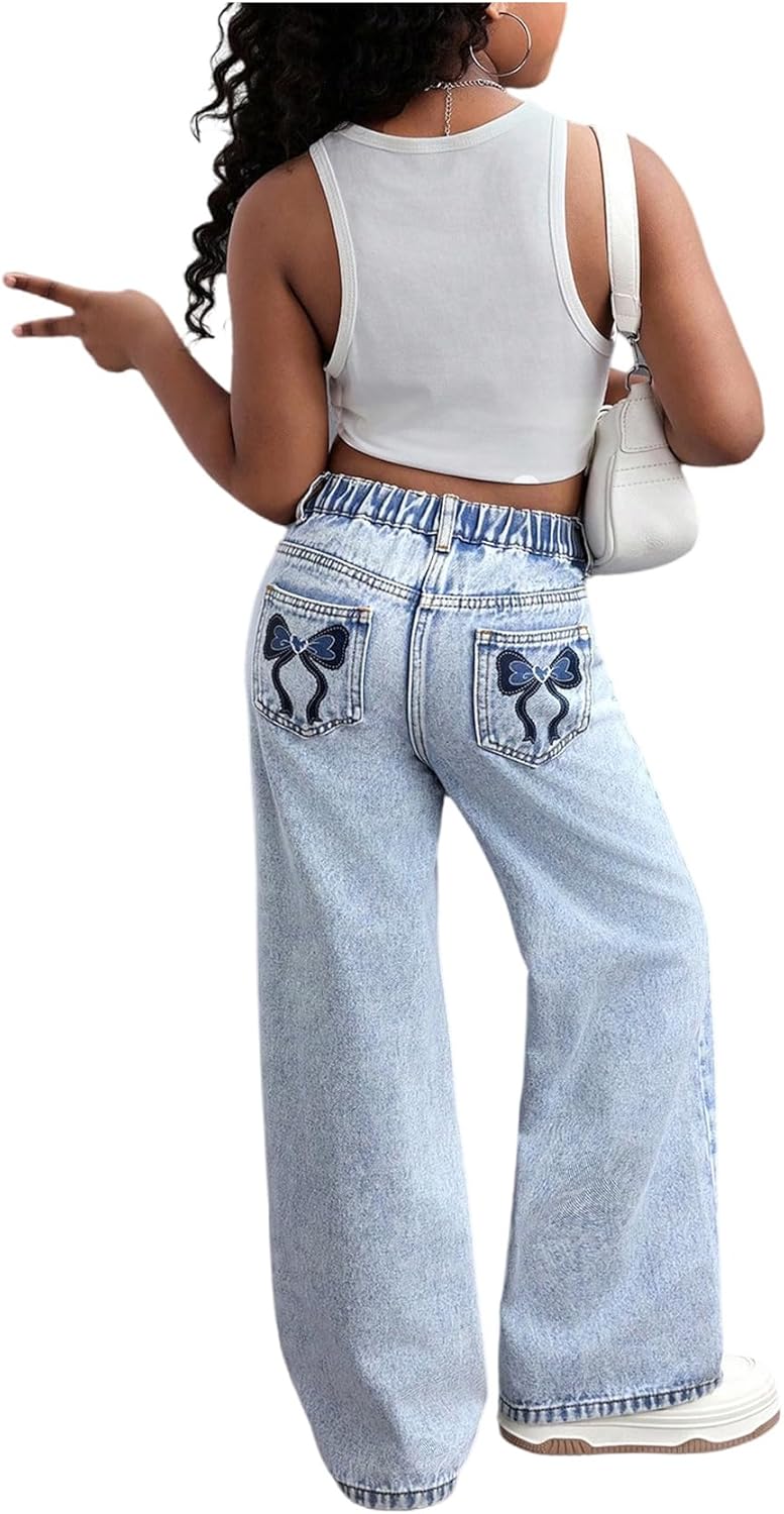 WDIRARA Girl's Bow Print Back Zipper Fly Denim Pants