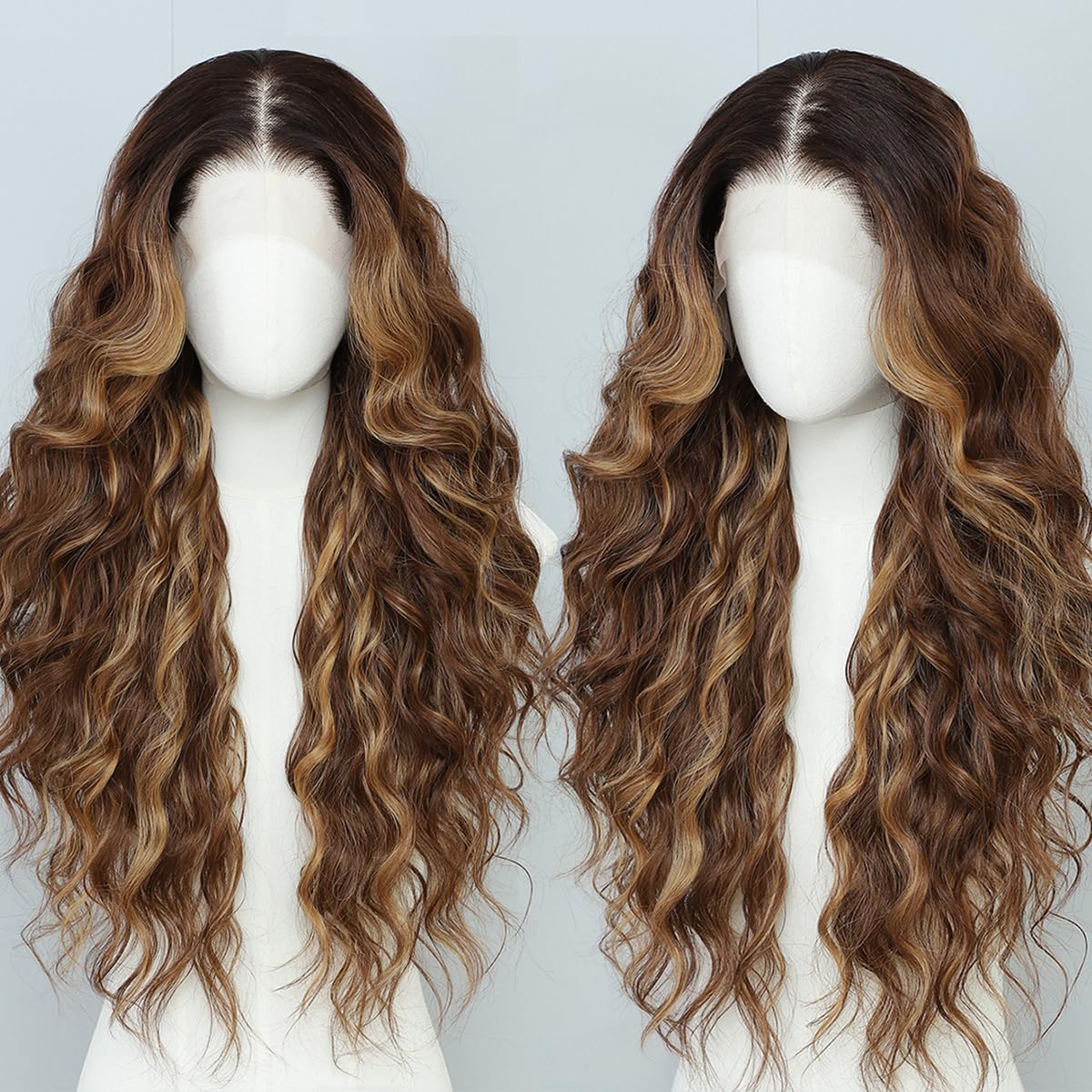 Highlight Brown Mix Blonde 13x4 Synthetic Lace Front Wigs 26 Inch