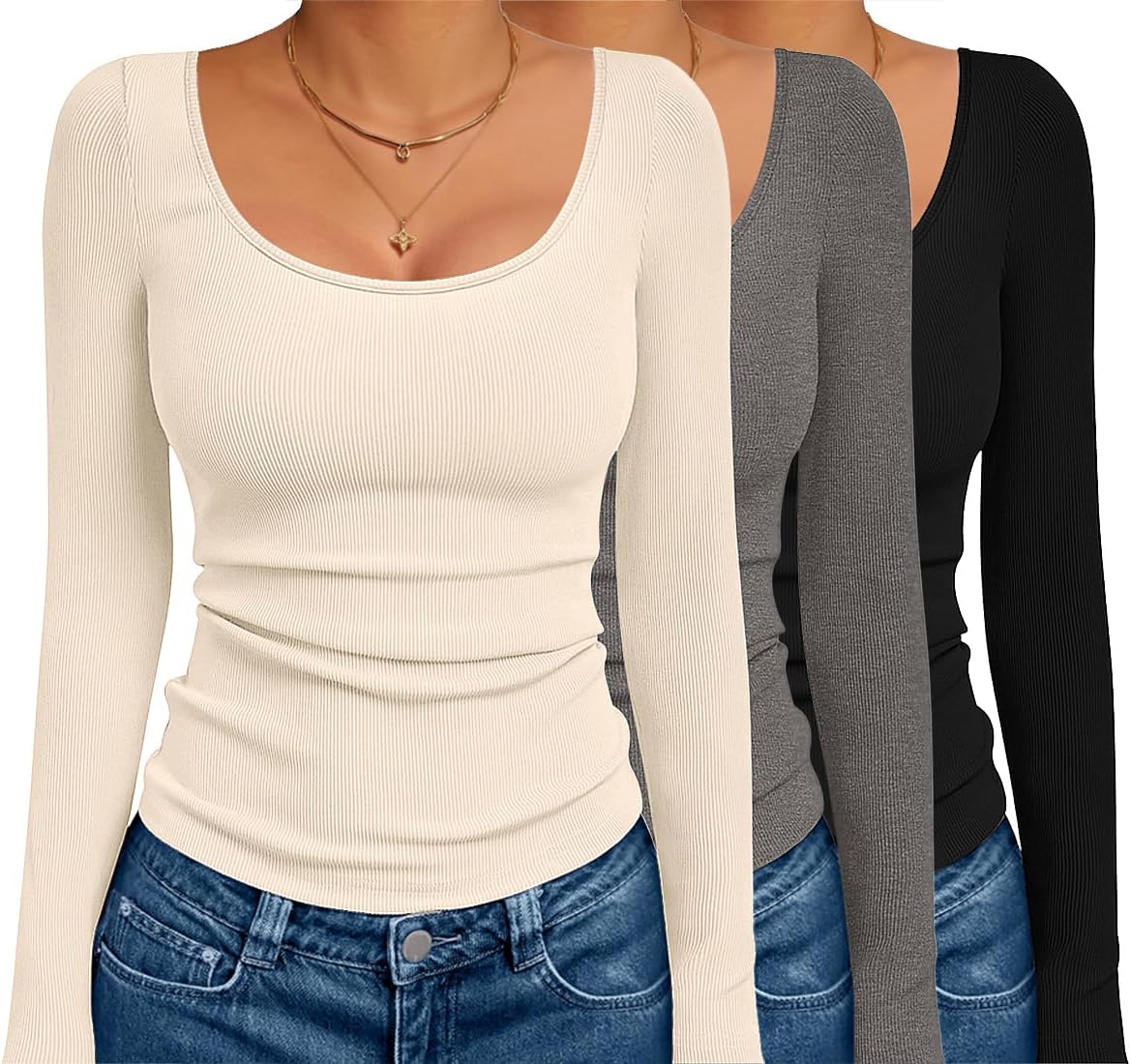 Ekouaer Long Sleeve Shirts for Women Scoop Neck Thermal Tops