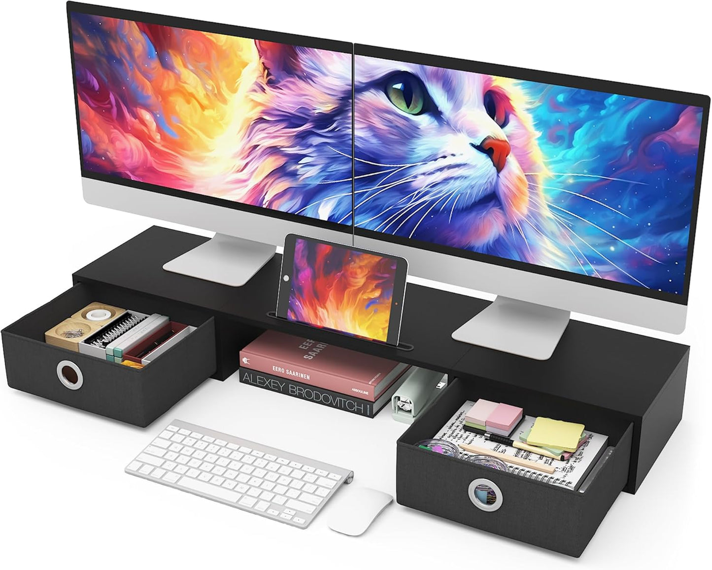 Dual Monitor Stand Riser with Drawers for Extra Storage Space