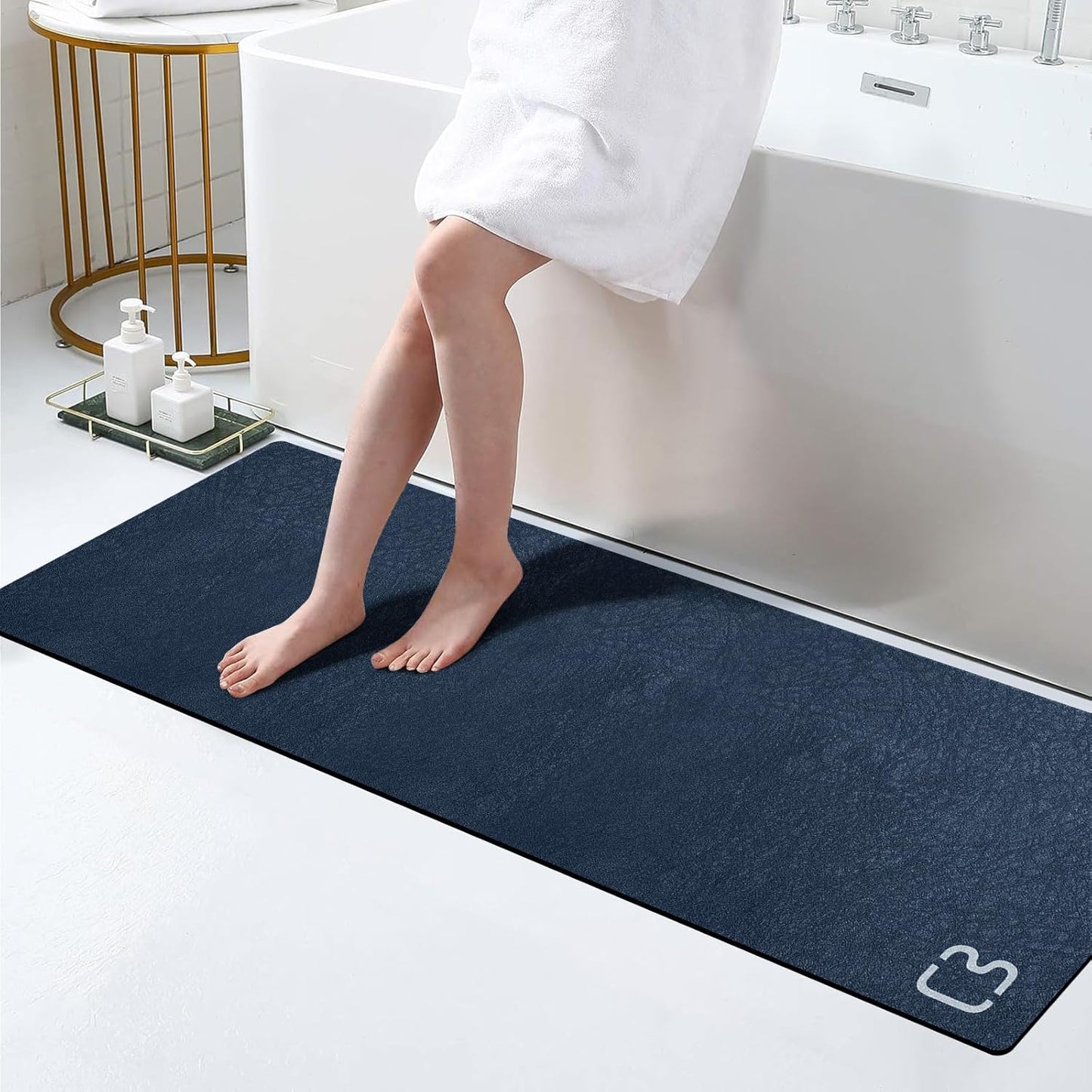 Extra Long Bath Mat 17in x 59in Fast Dry Non-Slip Navy Blue