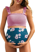 Floral High Waist Maternity Bikini Two Piece - Ruffled Cami Top