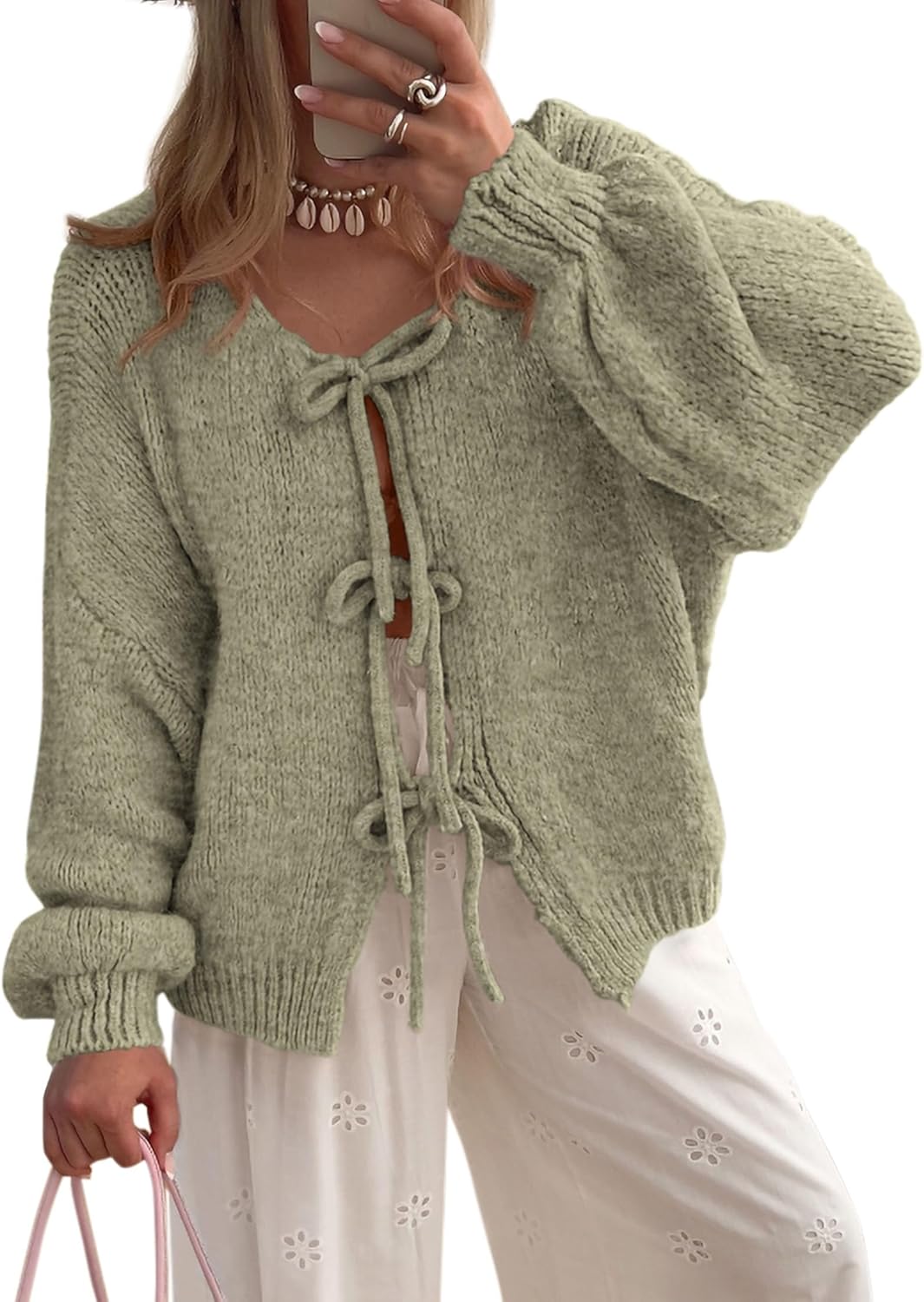 PRETTYGARDEN Women's Tie Front Bow Cardigan Sweater for Fall