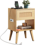 Rattan Nightstand with Charging Station - Compact Boho Bedside Table