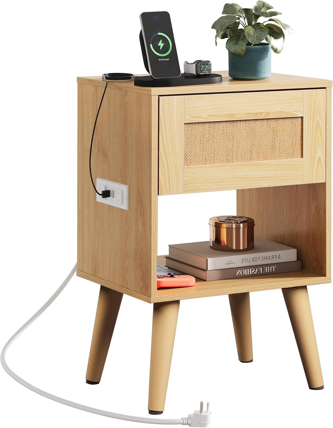 WLIVE Rattan Nightstand with Charging Station for Small Spaces