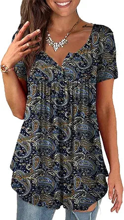 Womens Summer Plus Size Tunic Tops Short Sleeve Floral Henley