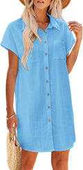 Women's Cotton Button Down Summer Dress - Loose V Neck Mini