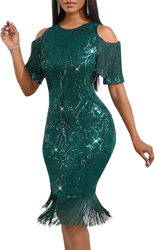 Cololura Sexy Elegant Women Sequin Bodycon Midi Dress Gown