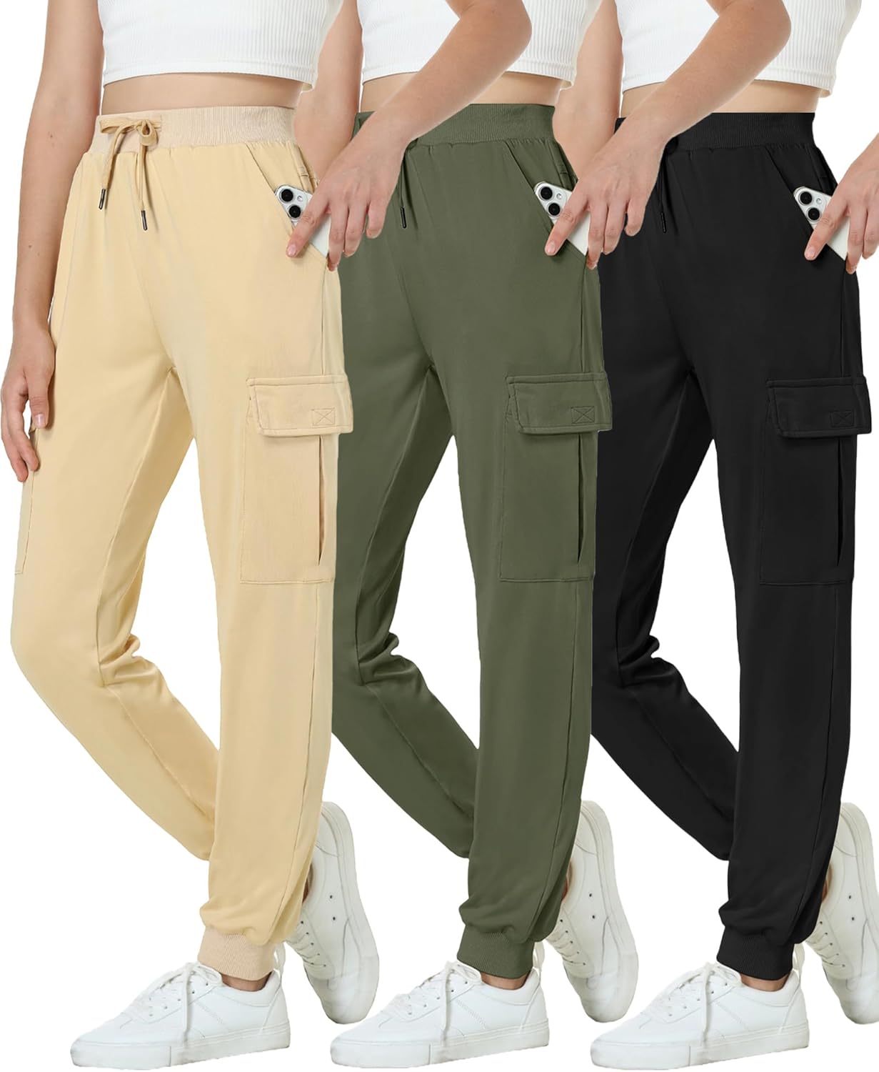 EXARUS Girls Cargo Joggers Slim Fit with Zip Pockets for Kids