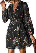 Women's Chiffon Mini Dress V Neck with Long Peasant Sleeves - Flowy