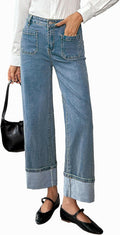 EVALESS Womens Jeans High Waisted Stretchy Cuffed Wide Leg Denim Pants