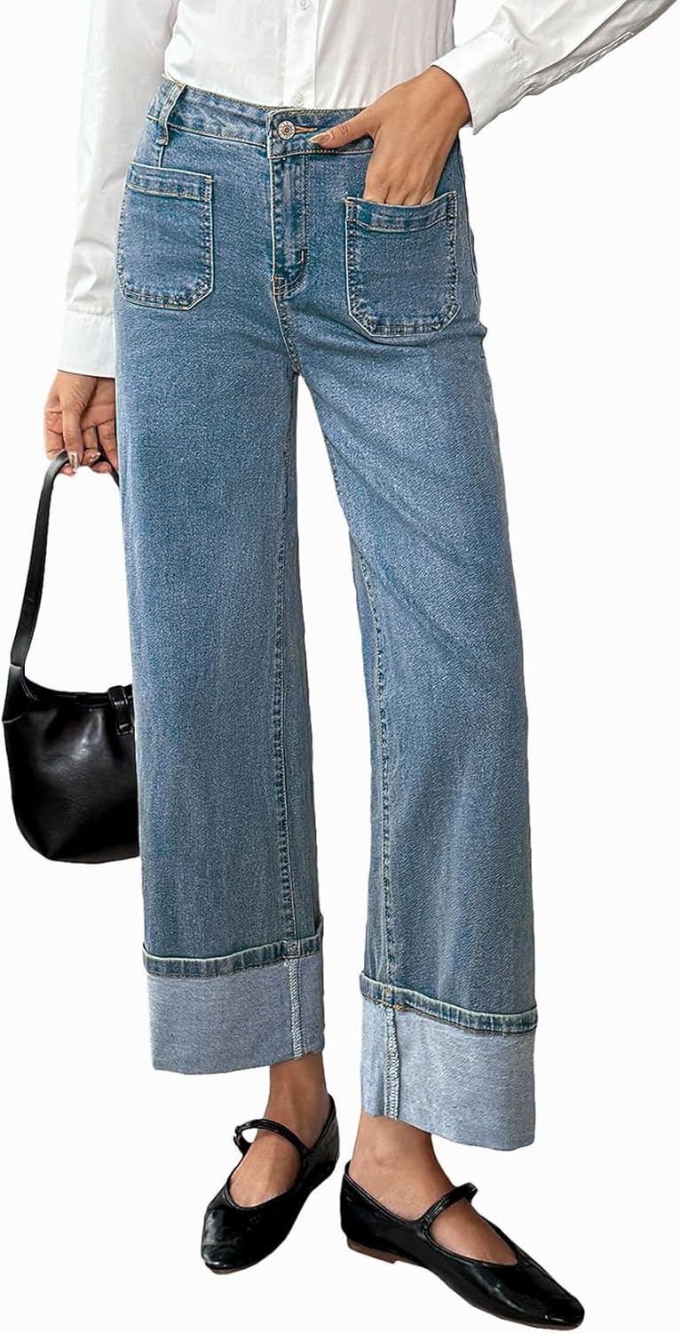 High Waisted Stretchy Cuffed Wide Leg Denim Pants for Women
