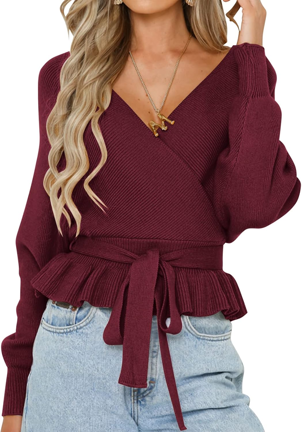 ZESICA Women's Fall Wrap V Neck Long Sleeve Ruffle Sweater