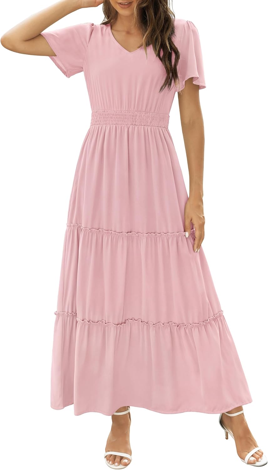 Zattcas Womens Long Summer Dress with Flutter Sleeves and V Neck