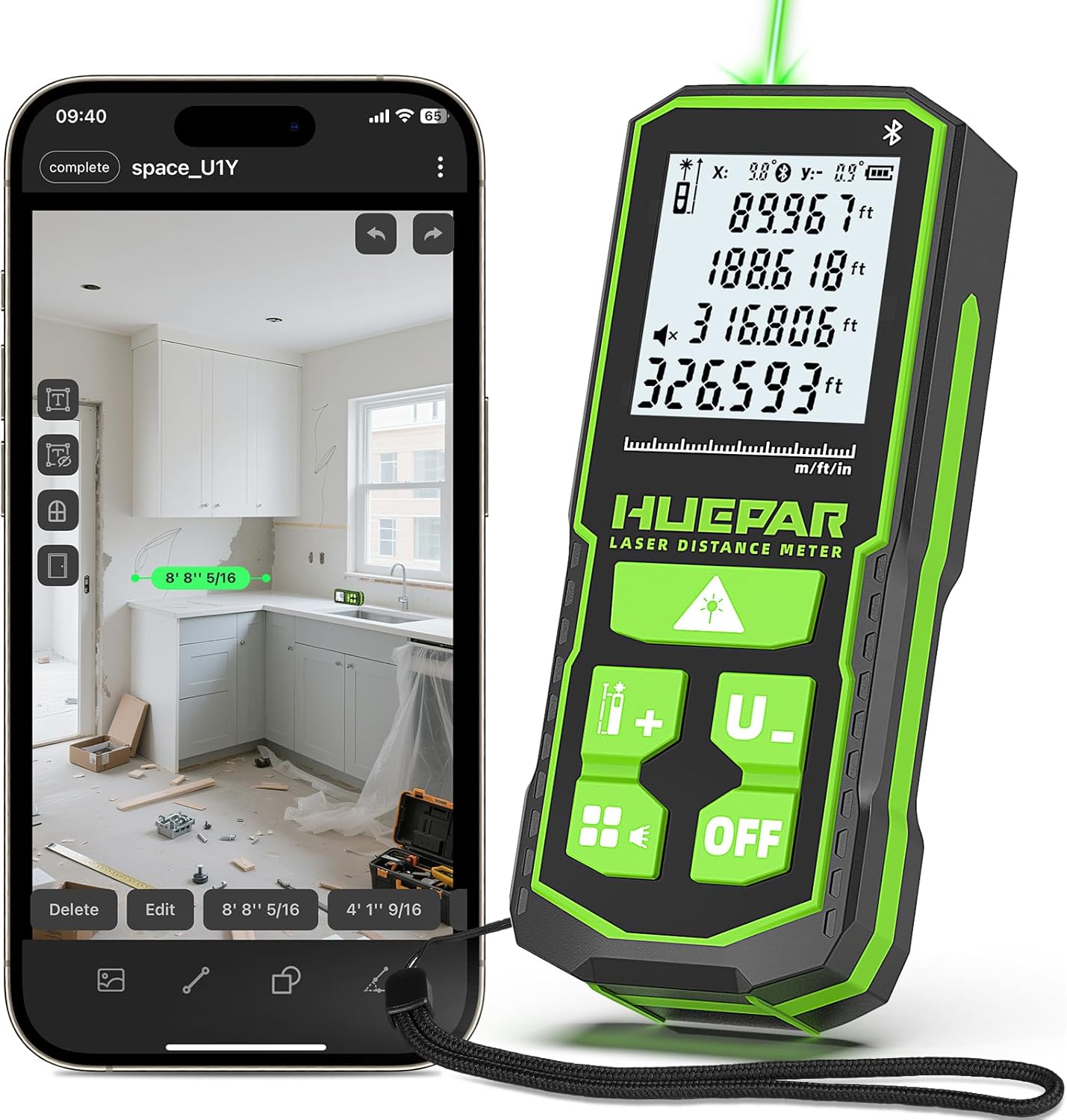 Huepar 330Ft Green Laser Measurement Tool with APP Control