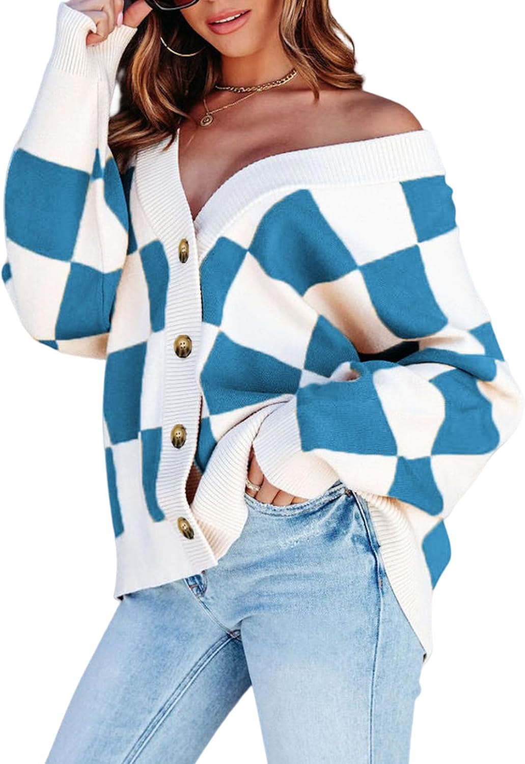 Stylish Oversized Plaid V Neck Button Down Cardigan for Women