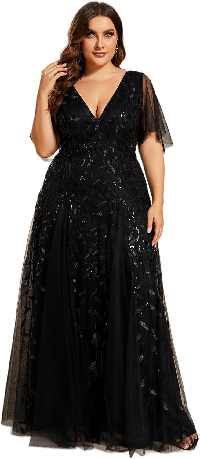 Plus Size V-Neck Sequin Embroidery A Line Evening Dress