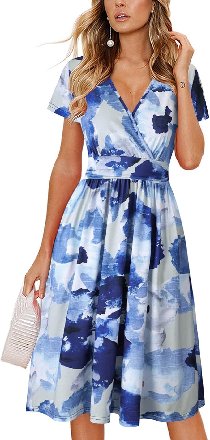 OUGES Women's Summer Floral Short Sleeve V-Neck Dress with Pockets
