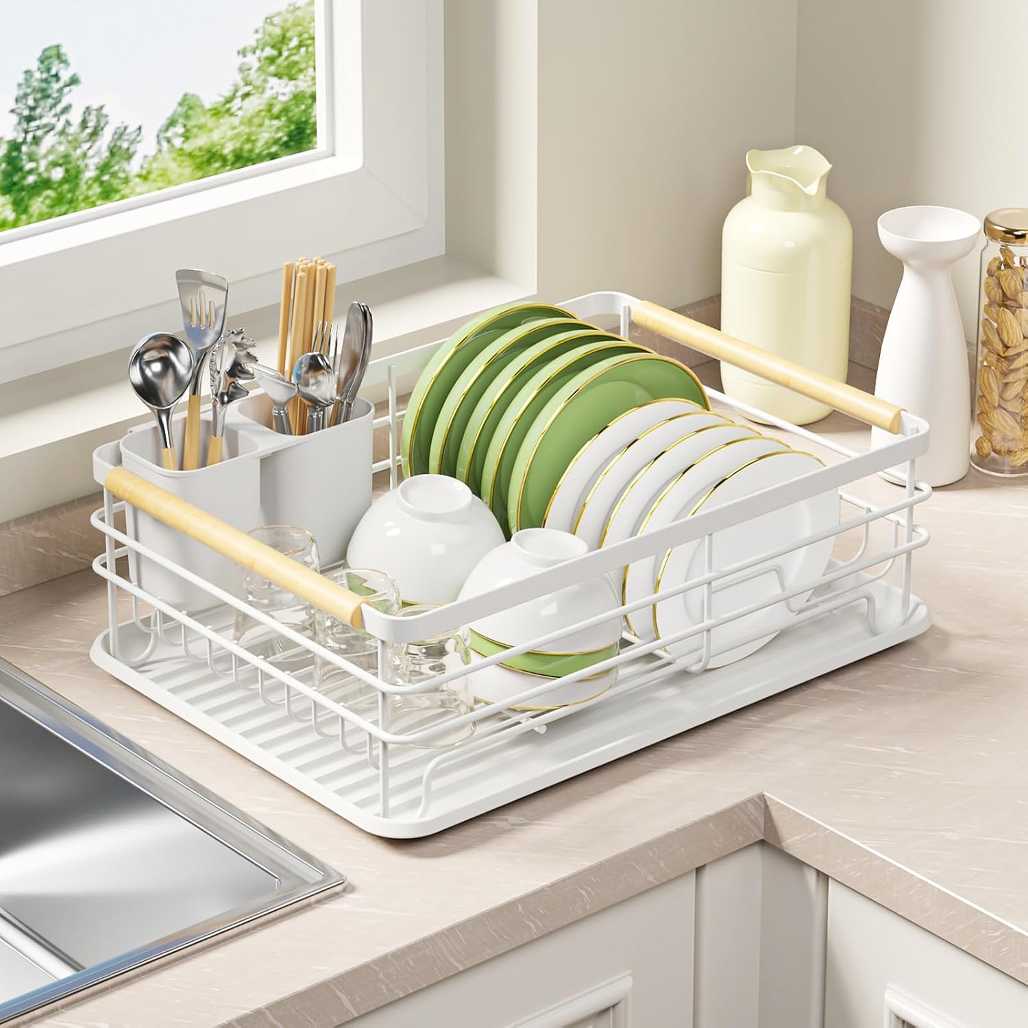 Small Dish Drying Rack with Wooden Handles for Kitchen Counter
